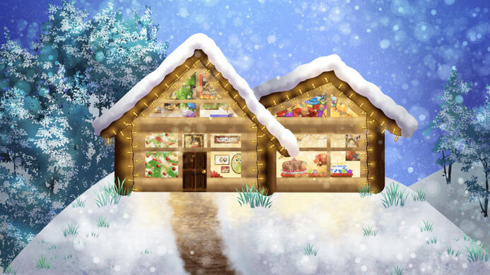 A cotage in a snowy hill made for the cover of "Let it snow" made by the Hiwanas for Christmas 2024